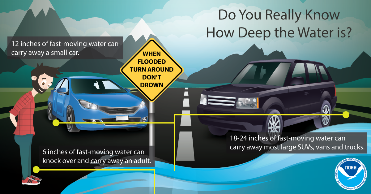 Illustration of two vehicles and a man looking at a flooded road with a surrounded web page text providing the actual text.