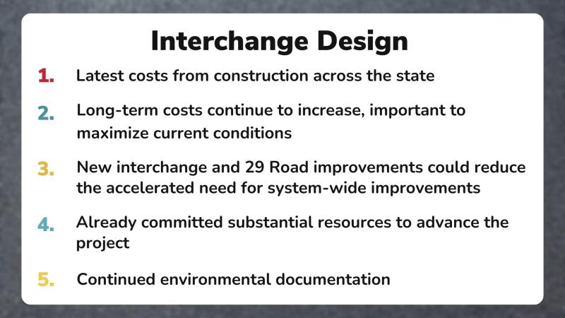 Slide titled, "Interchange Design," with colored numbered list. 