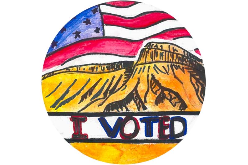 Sticker reading I Voted with an American flag behind Mt. Garfield. 