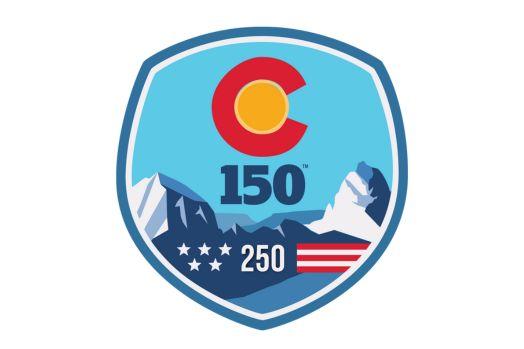 Colorado 150th Anniversary logo with mountains, the letter 'C', and parts of an American flag.