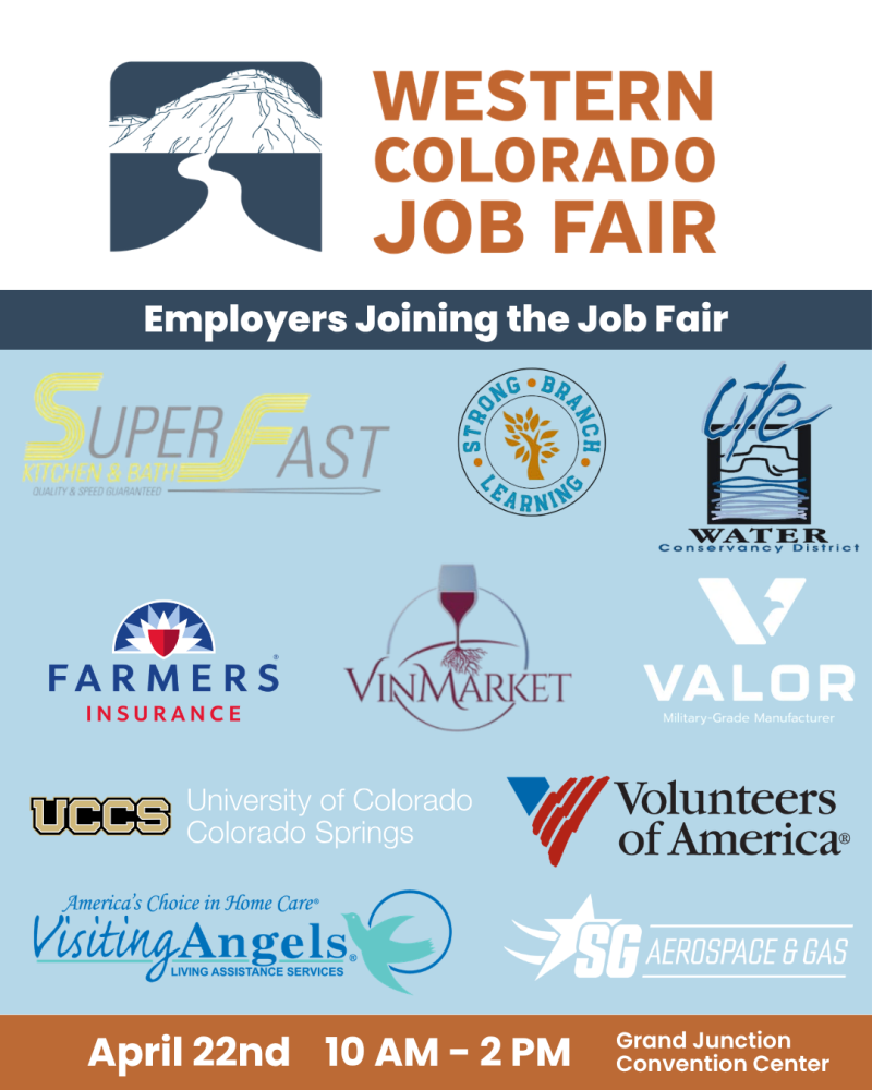 Flyer for the 2026 Western Colorado Job Fair with logos for companies that are attending the fair. April 22nd - 10 AM - 2 PM at the Grand Junction Convention Center