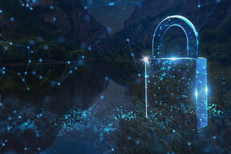 Bright blue dots connecting to large lock with the Colorado River barely visible in background. 