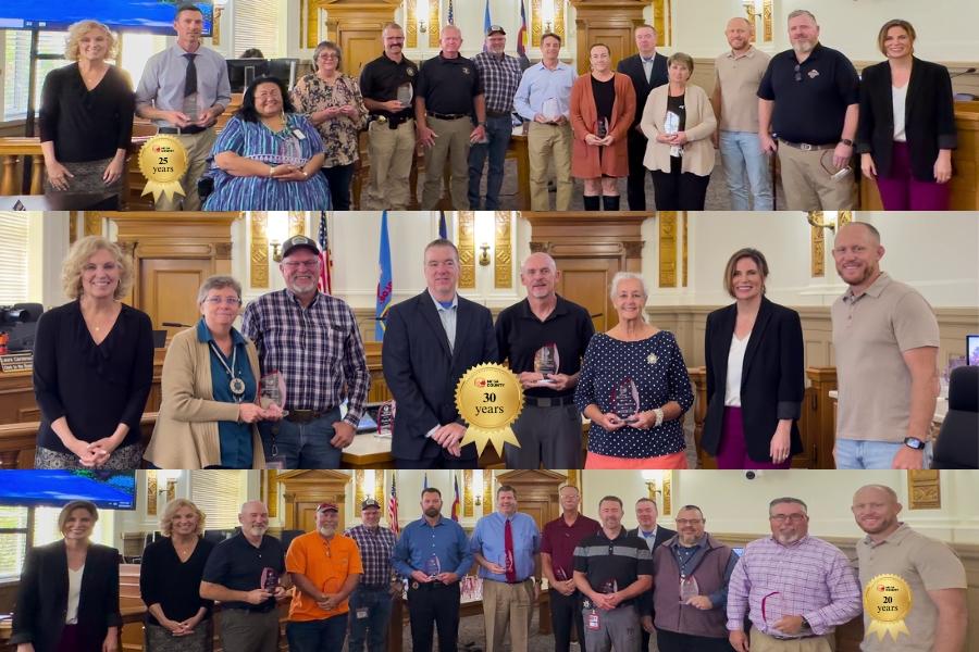 Three groups of people smiling with gold ribbons on each one reading, "25 years, 30 years, and 20 years" from the top to the bottom.