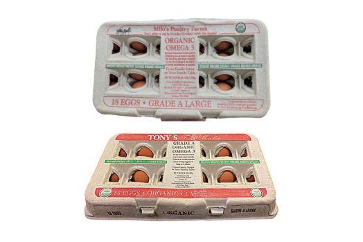 Two cardboard cartons of 18 large eggs.
