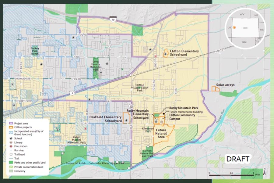 Yellow, gray, green, and purple Mesa County proposed project map.
