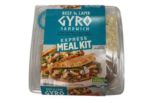 Plastic container with the logo for the Gyro Sandwich Express Meal kit and a picture of a gyro.