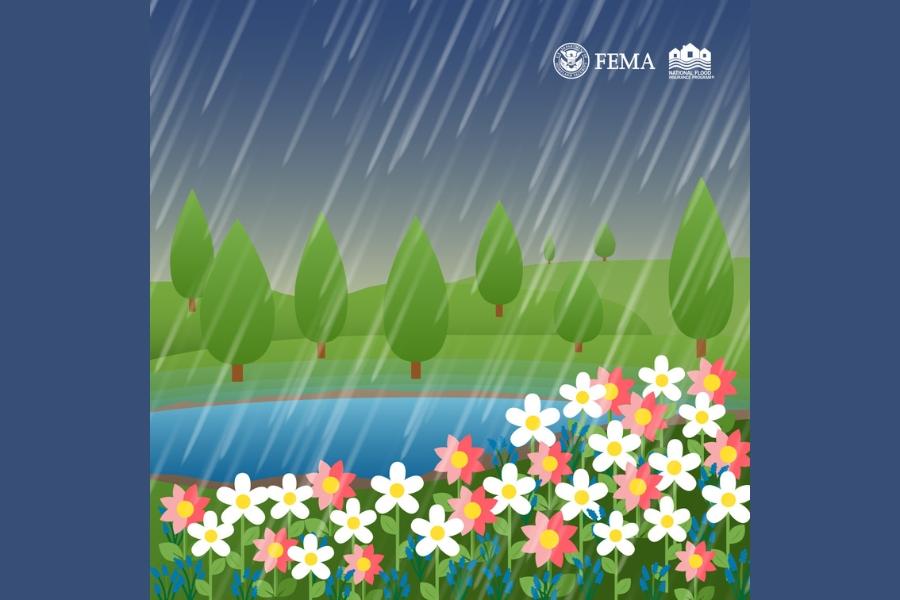 A cartoon of a river with trees on one bank and flowers on the other. It is raining heavily, and the sky is dark.