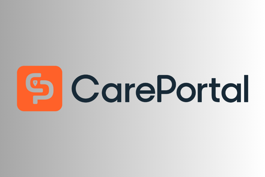 CarePortal logo with orange icon on gradient grey background.