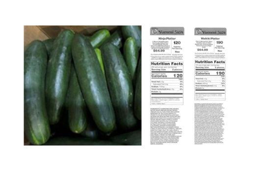 A box full of green cucumbers sitting on top of each other, as well as two nutrition labels for Yummi Sushi's Ninja Platter and Waikiki Platter.