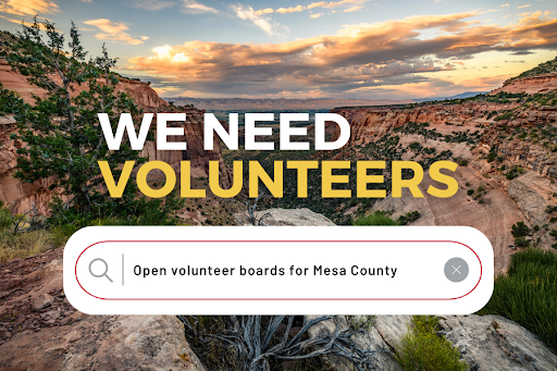 We need volunteers text on mesa landscape background with search bar graphic.