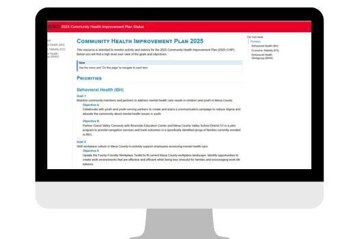 A black and silver computer monitor showing a screenshot of the Community Health Improvement Plan dashboard.