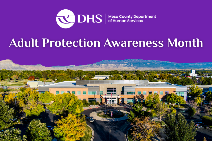 Adult Protection Awareness Month text on purple background with DHS logo and building image.
