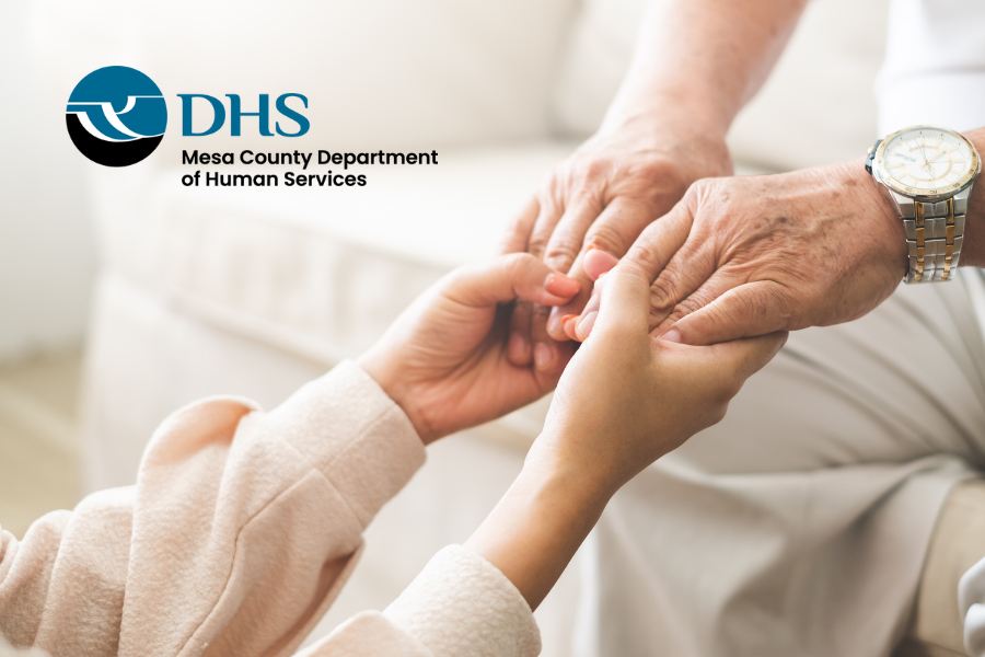 Elder care, holding hands on white background with DHS logo