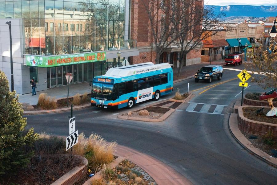A blue Grand Valley Transit bus. 