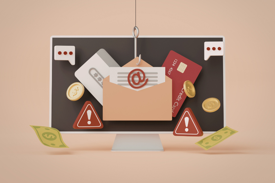 Graphic with a computer on a hook and warning symbols, message notifications and dollar signs.